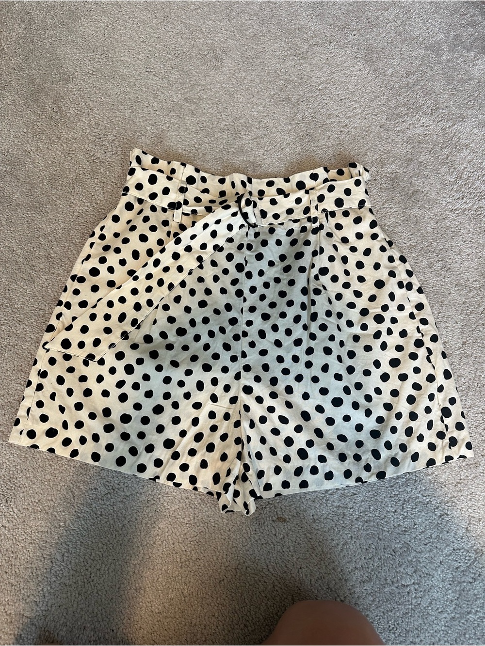 ZARA High-Waist Polka Dot Paperbag Shorts - Black on Cream